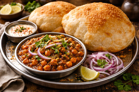 Chole bhature fluffy bread  spicy chickpeas  restaurant plating