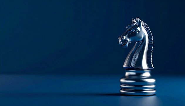 Silver Knight chess piece on dark blue background