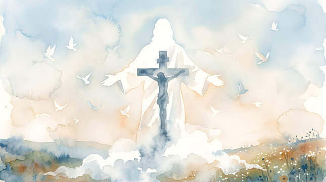 A serene watercolor painting depicting the resurrected christ with a cross and flying white doves
