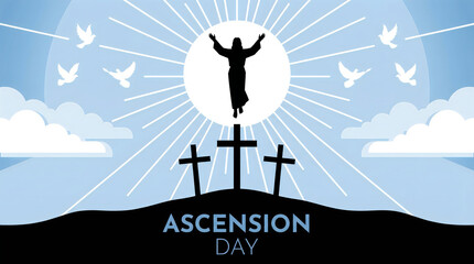 A symbolic illustration of the ascension of jesus christ rising into the heavenly blue sky above