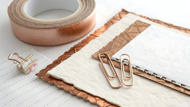 Deckled edge paper with rose gold paperclip folded corner With shadow. AI GENERATED.
