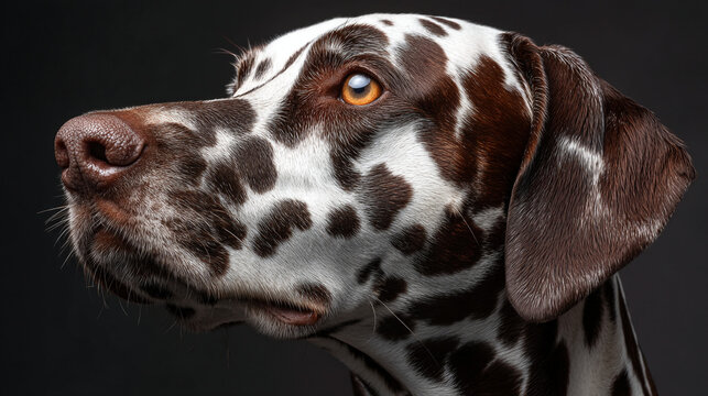 A brown and white Dalmatian dog's head is captured in a close-up profile.