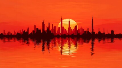 Naklejka premium Golden hour cityscape with skyscrapers reflected in calm water at sunset reflection
