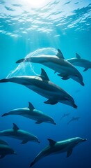 Naklejka premium Dolphins swimming gracefully underwater in the deep blue ocean, a beautiful sight.