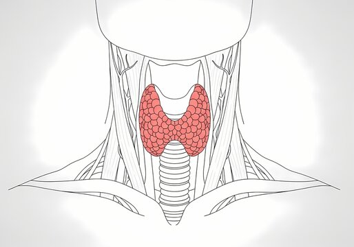 Medical illustration of the butterfly-shaped human thyroid gland located in the neck area.