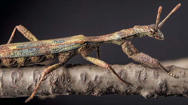 A camouflaged stick insect rests on a branch against a dark background.