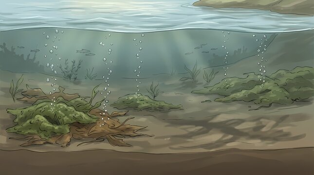 Educational illustration of diatom algae decomposing on the riverbed, releasing gas bubbles and affecting water quality.
