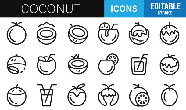 Coconut and tropical fruit line icons set with editable stroke for food and beverage design