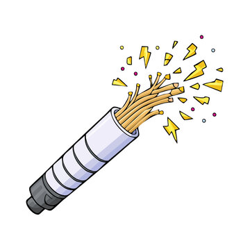 Frayed Electrical Wire Sparking with Yellow Lightning Bolts and Purple Dots