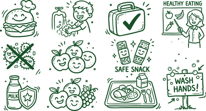 Hand drawn doodle food safety icon pack kids hygiene school lunch vector playful green illustration set cartoon design