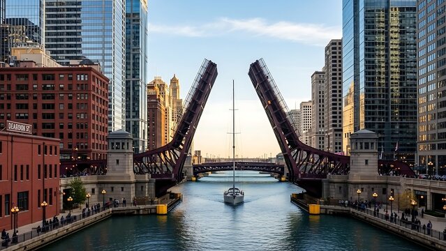 Chicago River drawbridges open for boat passage with city skyline.
