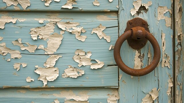 hinge. Weathered wooden door with peeling paint and rusty metal latch under soft natural light. real-estate listings.