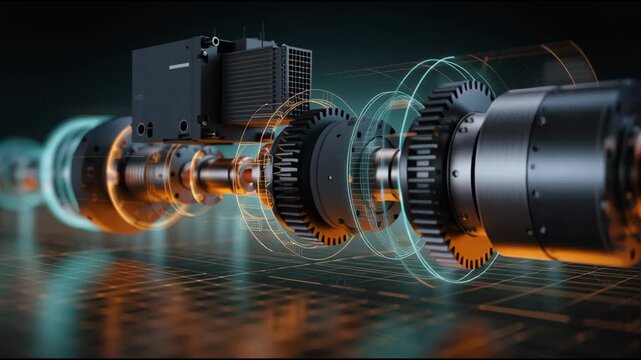 Mechanical components of an electric motor system shown in progressive assembly, highlighting gears, housing, and electronic elements in a futuristic setting