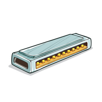 Cartoon illustration of a blue harmonica with yellow reeds on a white background