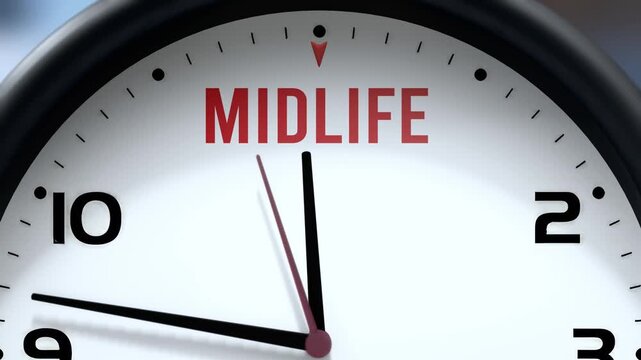 Midlife that is going to happen soon. Upcoming midlife, approaching in the near future. Midlife almost here, in a short time - a clock symbolizes a reminder that midlife is near.