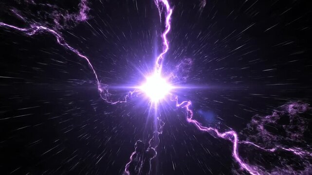 Hyperspace Jump Tunnel Energy Burst Purple Lightning Cosmic Scene in Interstellar Travel Visual in Deep Space
