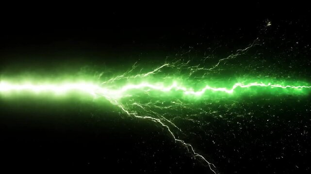 Plasma Green Electric Arc Across Space in a High Energy Horizontal Discharge Video Sequence Upscaled 3x
