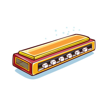 Stylized illustration of a chromatic harmonica with golden and red casing and white keys