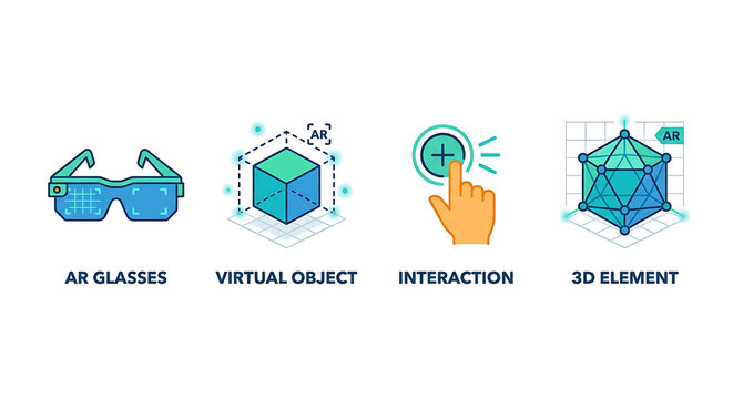 Vibrant flat line vector icon set illustrating augmented reality, virtual objects, user interaction, and three-dimensional digital elements for futuristic technology concepts