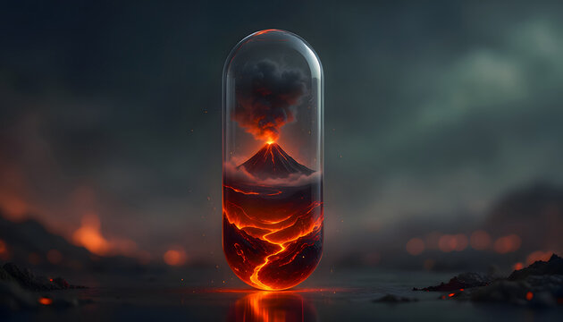 Volcano glass capsule miniature world with lava and fire landscape