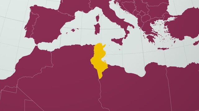 Tunisia map. Animated zoom into the country on the Globe in Pale Mint Dark Pink color palette. Country logo animation with round text and airplanes. Map with meridians, parallels. Charming video.