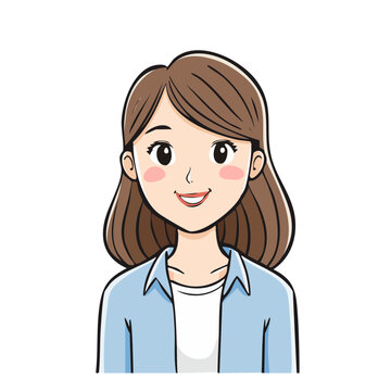 Happy cartoon woman with brown hair and blue shirt smiling