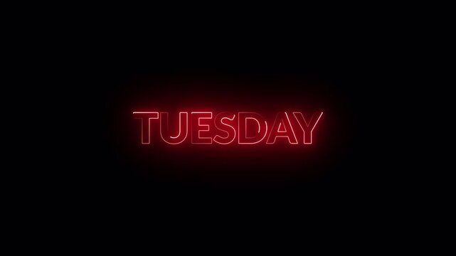 Glowing Tuesday Neon Text Animation on Transparent Background, Red Neon Tuesday Title Reveal, Day Name Motion Graphic in 4K Alpha Channel