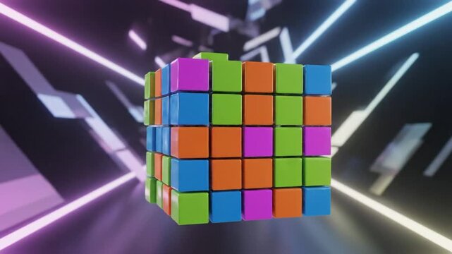 Abstract Colorful Rubik's Cube Rotating In Futuristic Neon Tunnel Background For Games And Entertainment