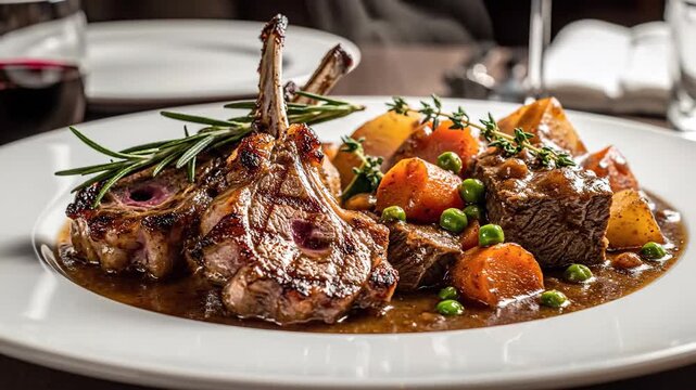 Delicious Lamb Chops with Rosemary and Vegetables on a White Plate.