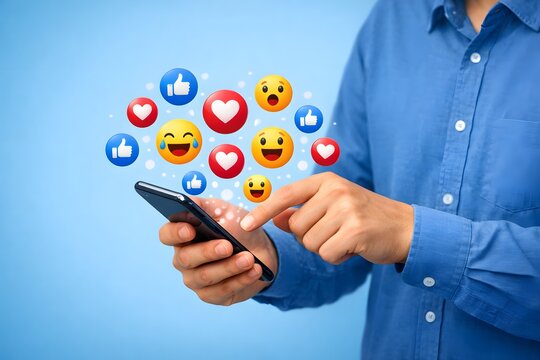Modern concept of social media interaction showing a person using a mobile phone with floating like, love, haha, and wow emojis, symbolizing online popularity and audience response.