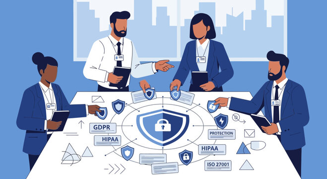 Business team discusses data protection, GDPR, HIPAA, ISO 27001 compliance