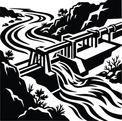 Fototapeta premium Detailed black and white woodcut style illustration of a river dam and hydroelectric power station.
