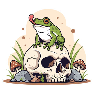 Funny green tree frog sitting on top of an old human skull in this colorful flat style vector graphic illustration
