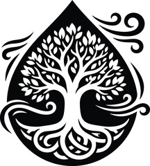 Fototapeta premium Stylized black and white tree of life graphic design within a teardrop shape with swirling elements, high resolution vector art.