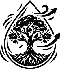 Fototapeta premium Black and white intricate tree of life design within a water droplet with flowing arrows, symbolizing growth and environmental harmony.