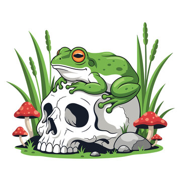 Cute green frog sitting calmly on a realistic human skull in this artistic vector illustration for dark fantasy graphic designs