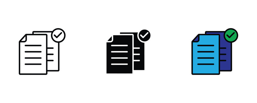 Verified double documents with green checkmark icon set for official record approval and file validation. Vector Illustration.