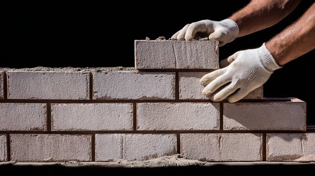bricklayer. A bricklayer carefully installs brick masonry on an exterior wall, showcasing craftsmanship in natural light. real-estate listings.