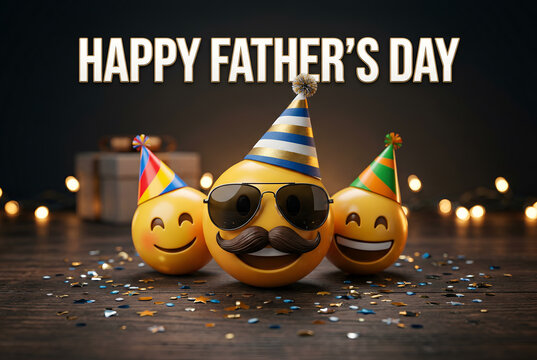 Happy fathers day with cool emoji wearing sunglasses and mustache party hats