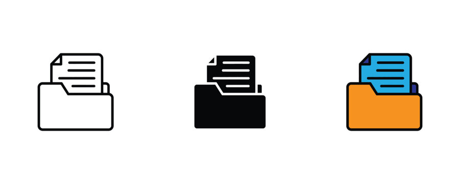 Document paper inside an open folder icon set in thin line art, solid black, and vibrant orange and blue styles for file management, data storage, and office organization. Vector Illustration.