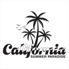 Obraz premium Vintage California Summer Paradise Vector Design with Palm Tree Silhouettes and Seagulls