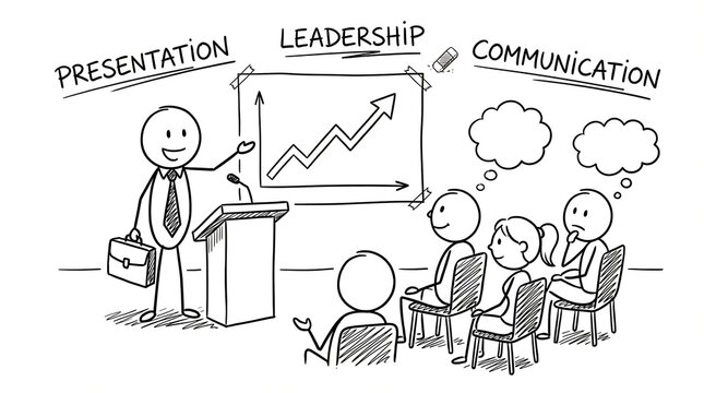 Stick Figure Business Presentation with Leadership and Communication Concepts in a Meeting Room Sketch