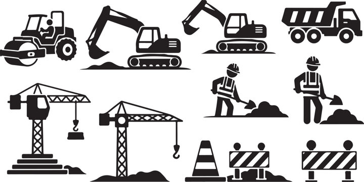 Construction site icons and equipment symbols set