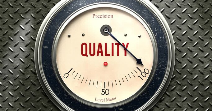 Quality  meter that is hitting a full scale, showing rising levels of quality, overload of it, too much of it. Maximum value, off the charts.
