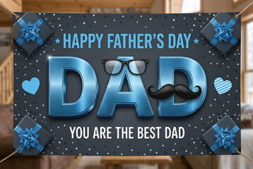 Fototapeta premium Happy fathers day banner dad you are best dad blue theme gifts stars hearts glasses mustache