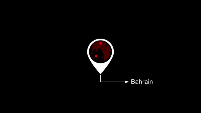 Bahrain Location on World Map with Pin Marker Animation. Country GPS location tracking icon. location pin appearing. Motion graphics of country location concept