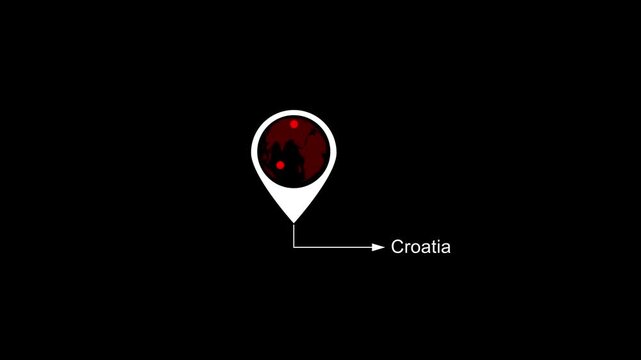 Croatia Location on World Map with Pin Marker Animation. Country GPS location tracking icon. location pin appearing. Motion graphics of country location concept