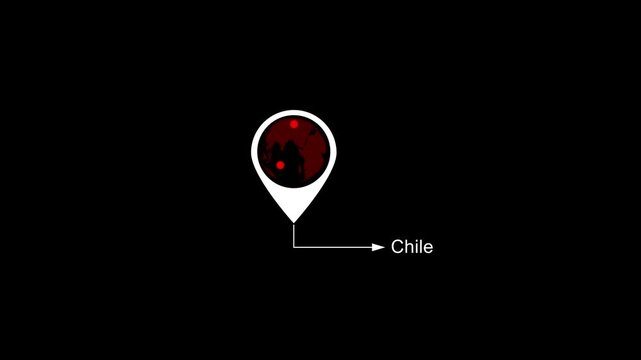 Chile Location on World Map with Pin Marker Animation. Country GPS location tracking icon. location pin appearing. Motion graphics of country location concept