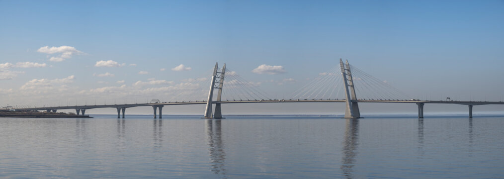 Panorama of the cable-stayed bridge (ZSD). Gulf of Finland, Saint Petersburg, Russia
