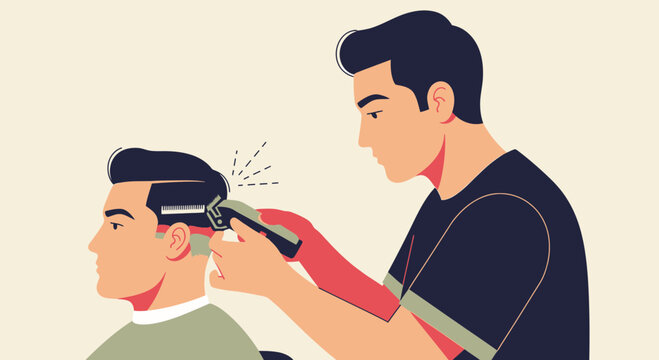 Barber cutting hair with electric clipper on client head.